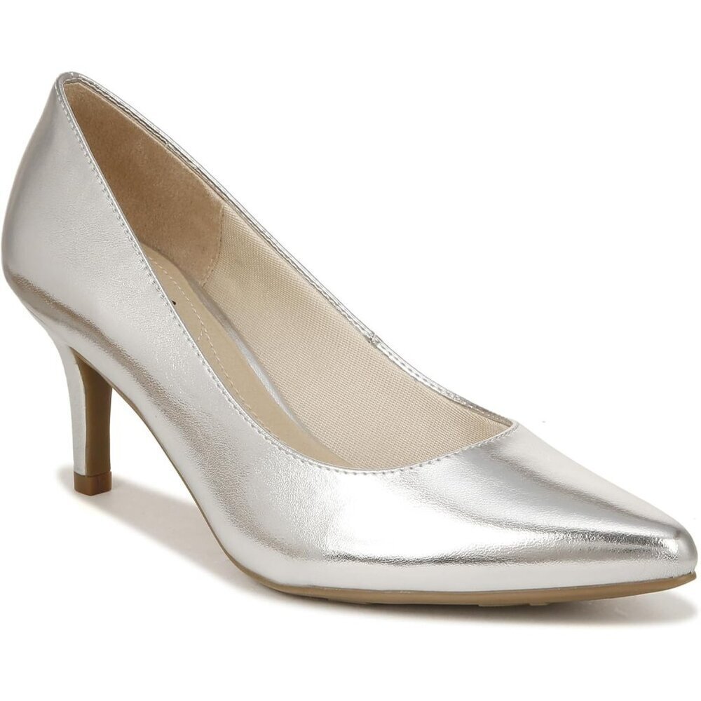 LifeStride Women Silver Polyurethane Closed Pointed Toe Kitten Heel Pump